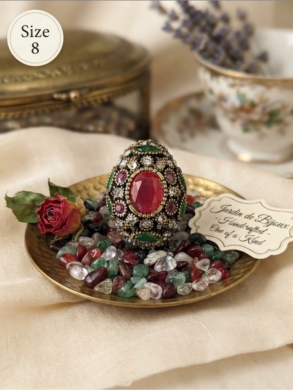 Ornate Jeweled Statement Ring in Red, Green & Gold - Size 8